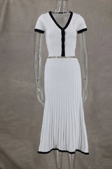 2024 Summer Women White long Skirt Suit Short Sleeve V-neck crop top pleated set elegant dress 2 piece skirt set Plus Size S-3XL