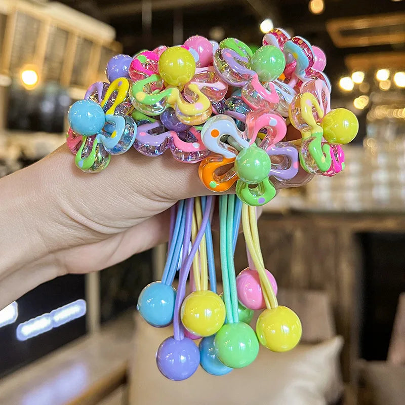 Elastic Hair Bands for Children, Hair Ropes, Color Blocked Flowers, Princess Cute Headwear, Girls Hair Accessories, New, 2Pcs