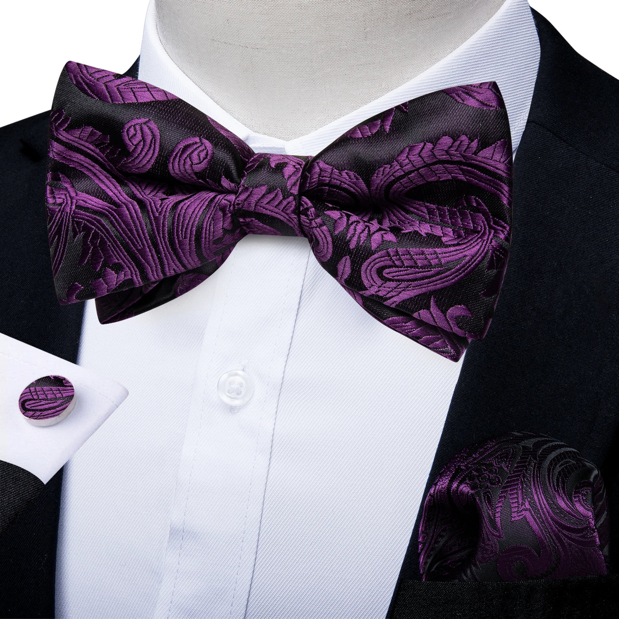 Classic Black Men Bow Ties 100% Silk Bowties Butterfly Pocket Square Cufflinks Set Suit Paisley Gold Pre-Tied Bow Tie DiBanGu