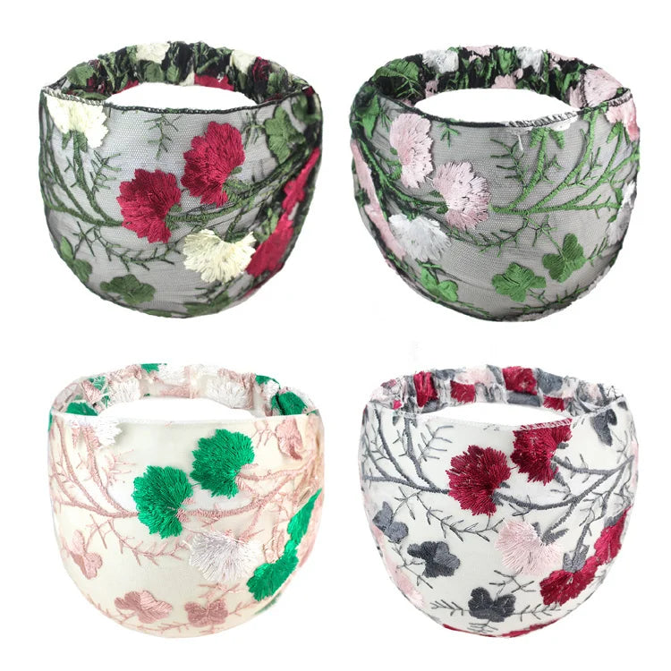 New Wide Headband for Women Ethnic Embroidery Flower Mesh Wide Edge Headbands Hibiscus Mutabilis Lace Bandaba Turban Headwear