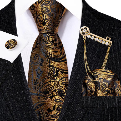 Barry.Wang Gold Black Jacquard Silk Mens Tie Hanky Cufflink Brooch Set Floral Paisley Necktie Pin For Male Wedding Business Gift