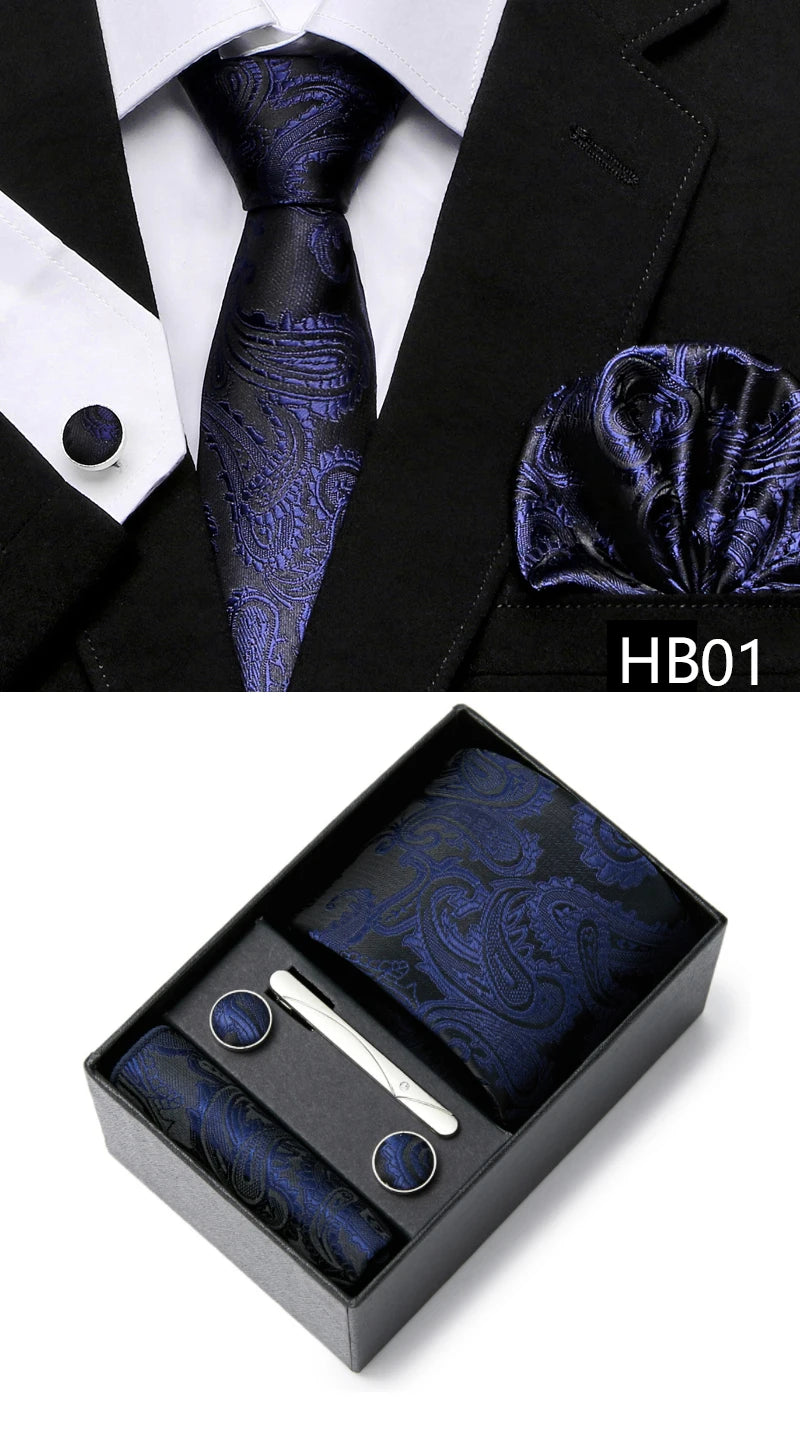 Gravatas For Men Newest design Silk Tie Handkerchief Cufflink Set Necktie Box Striped Blue Office