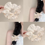 French Lace Pearl Rose Flower Elastics Hair Band For Women Cream White Scrunchies Hair Ties Ponytail Holder Hair Accessories