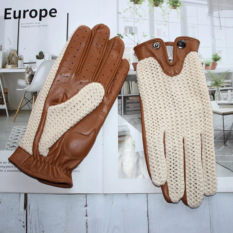 New Men's Leather Driving Anti-Slip Gloves Touch Screen Knitted Riding Motorcycle Gloves Sheepskin