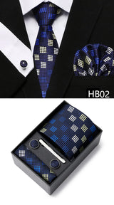 Gravatas For Men Newest design Silk Tie Handkerchief Cufflink Set Necktie Box Striped Blue Office