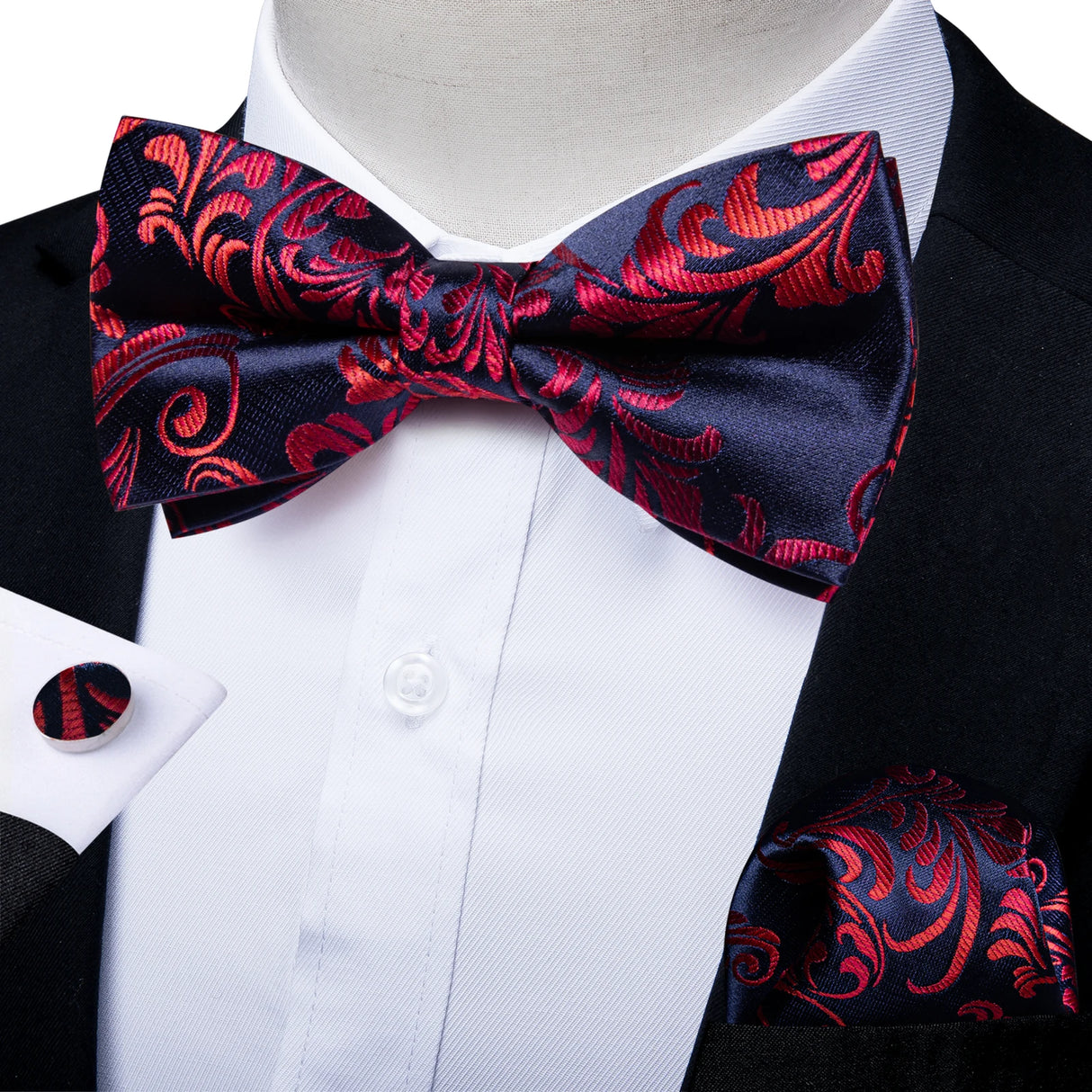 Classic Black Men Bow Ties 100% Silk Bowties Butterfly Pocket Square Cufflinks Set Suit Paisley Gold Pre-Tied Bow Tie DiBanGu
