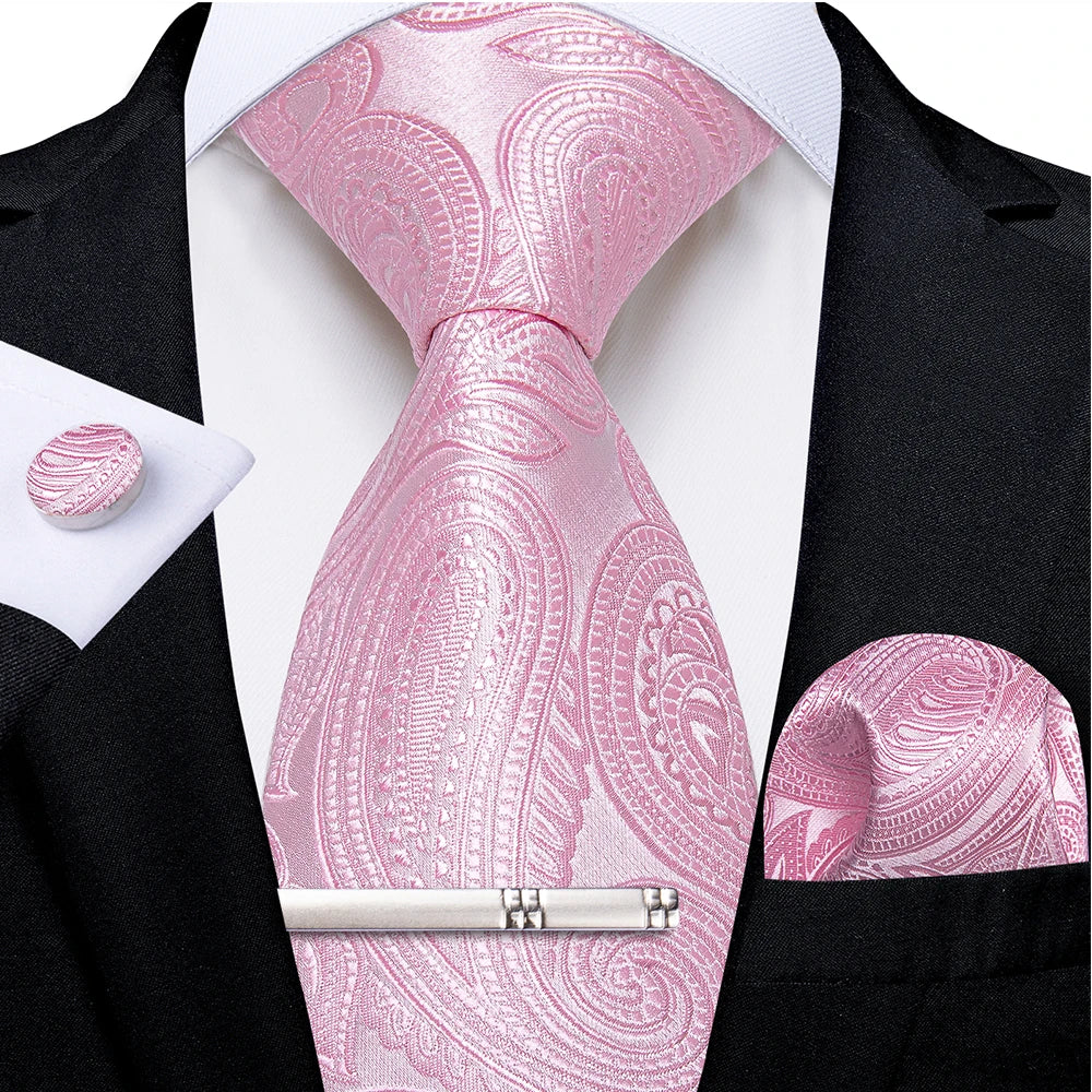 Pink Striped Floral Solid Paisley 8cm Silk Men's Tie Set Handkerchief Cufflinks Wedding Business Prom Accessories Tie Cravat