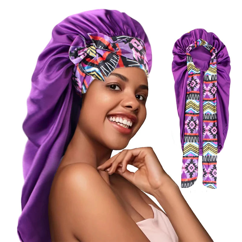 Women long Oversized Elastic Satin Bonnet Sleeping Cap With Ribbon Breathable Sleeping Cap Turban Sleep Headwear Bandanas