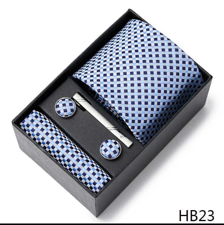 Gravatas For Men Newest design Silk Tie Handkerchief Cufflink Set Necktie Box Striped Blue Office