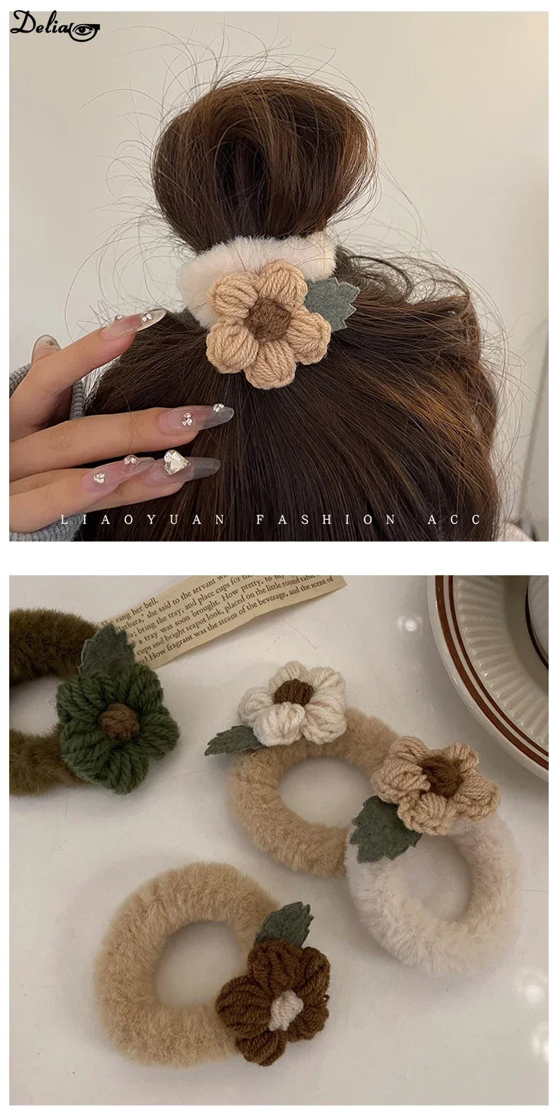 Newest Korean Woman Cute Plush Flower Hairband Elastics Hair Band Scrunchies Hair Ties Ladies Ponytail Hold Hair Accessories