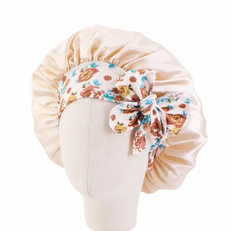 Kids Girls Sleep Cap Floral Print Hair Bonnet Satin Night Sleep Hat Turban Sleeping Hat Children Hair Care Bonnet Nightcap Caps