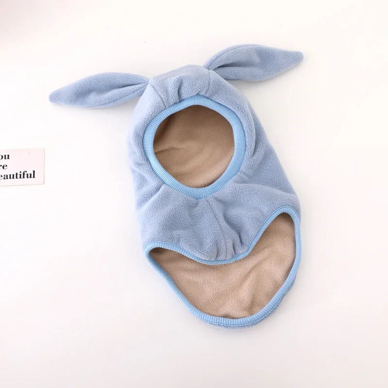 Winter Warm Rabbit Ear Baby One-Piece Hat Kids Ear Protection Cap Boy Girl Outdoor Windproof Hood Beanies Plush Balaclava Hat