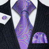 Barry.Wang Purple Lilac Lavender Silk Mens Tie Handkerchief Cufflink Set Jacquard Floral Necktie for Male Wedding Business Party