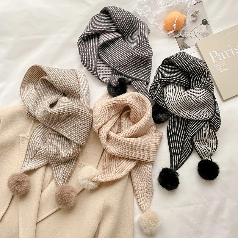 Ladies Fashion Solid Colour Narrow Sharp Corners Stripe Neckerchief Knitted Winter Warm Long Scarf With Pompom