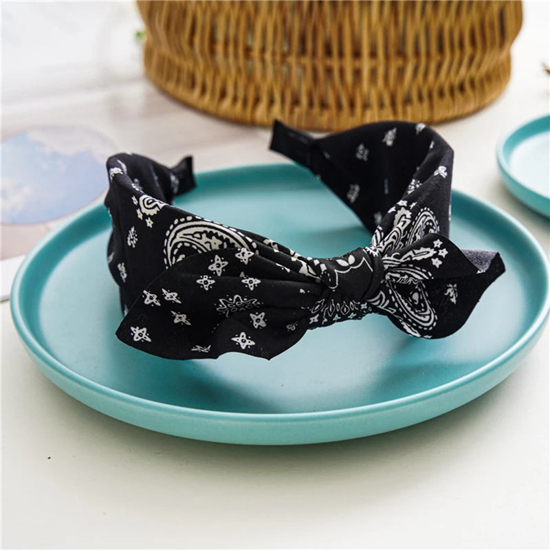 Bow Wide Brimmed Head Hoop For Women Boho Women Soft Solid Print Headbands Cross Knot Elastic Hair Hoop  Vintage Headwear New