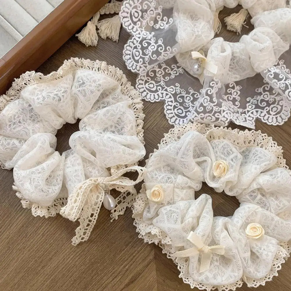 French Lace Pearl Rose Flower Elastics Hair Band For Women Cream White Scrunchies Hair Ties Ponytail Holder Hair Accessories