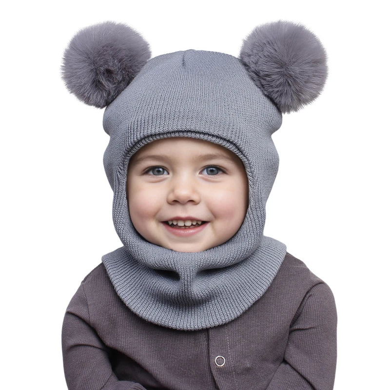 Pompom Baby Winter Hat Scarf One-piece Kids Knitted Beanie Warm Ears Neck Children Bonnet Infant Cap for Girls Boys 1-5Y