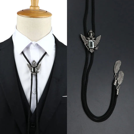 Vintage Bolo Tie Shirt Chain Cowboy Jazz Alloy Men Women Leather Rope Long Necklace Imitation Obsidian Sweater Chain Men Accesso