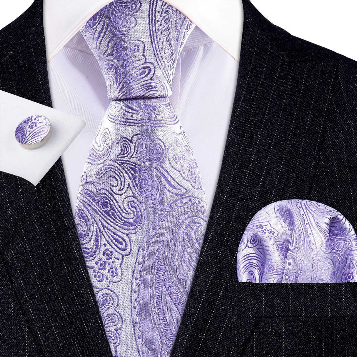 Barry.Wang Purple Silk Mens Tie Hanky Cufflinks Set Lilac Lavender Mauve Violet Jacquard Necktie For Male Wedding Business Party