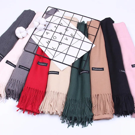 Women Solid Scarf Cashmere Pashmina Shawls Tassel Hijab Head Wraps Femme Thin Autumn Winter Tassel Scarves Bandana 2022 Designer