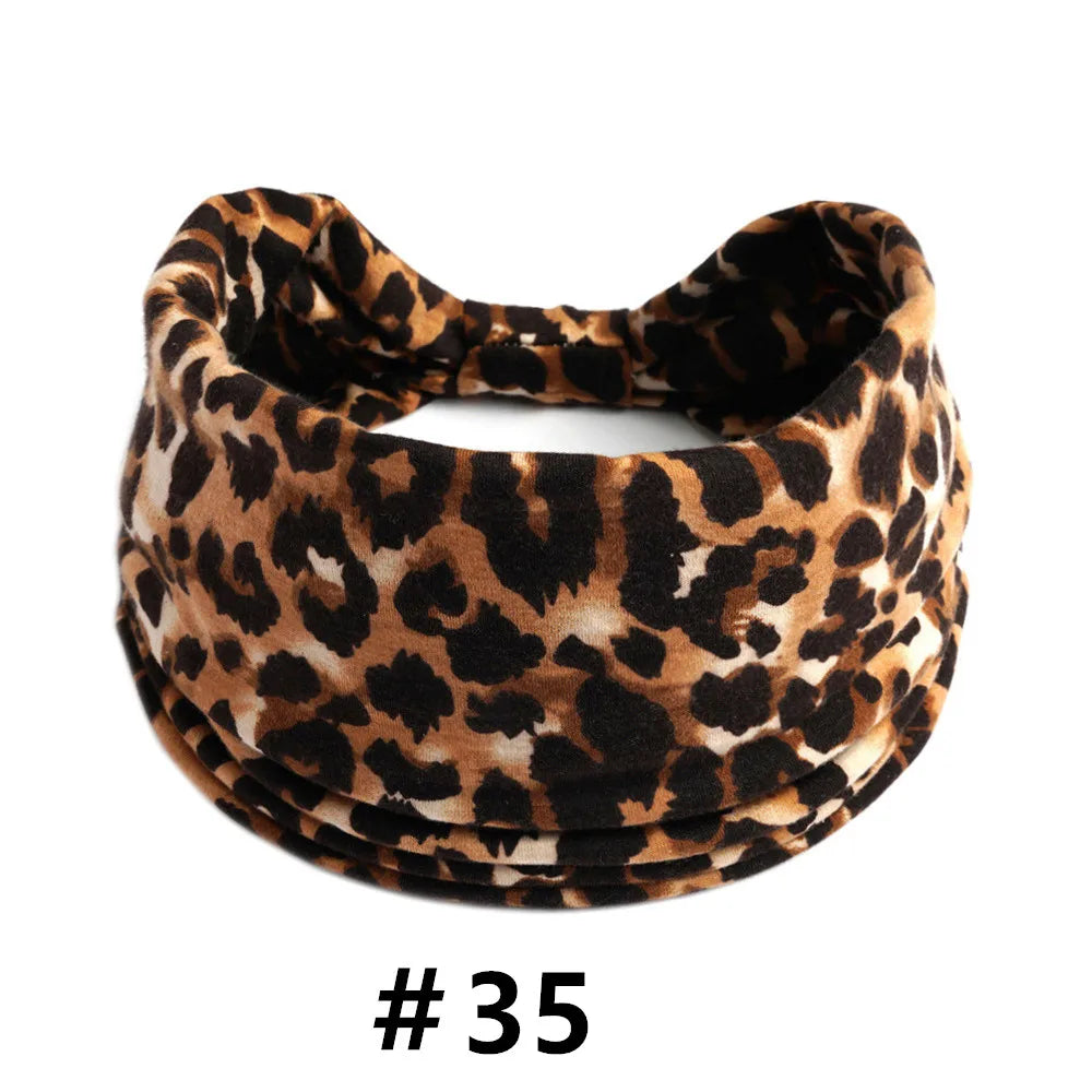 Leopard Print Headbands for Women Wide Boho Turban Head Wraps Cotton Knotted Elastic Hairbands Non Slip Workout Hair Accessories