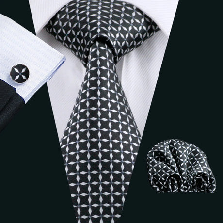 Fashion Mens Ties Set Silk Gray Black Silver White Striped Plaid Solid Paisley Floral Neck Tie Hankderchief Cufflinks Barry·Wang