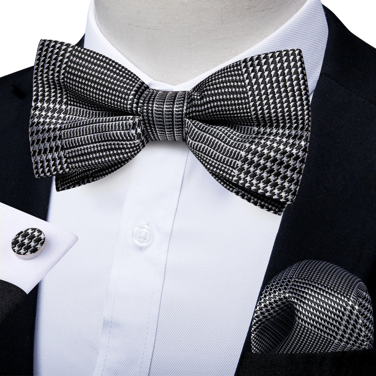 Classic Black Men Bow Ties 100% Silk Bowties Butterfly Pocket Square Cufflinks Set Suit Paisley Gold Pre-Tied Bow Tie DiBanGu
