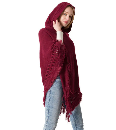 Women's Autumn and Winter New Knitted Hooded Cape Shawl Solid Colour One-Piece Knitwear Hoodeds Large Shawl