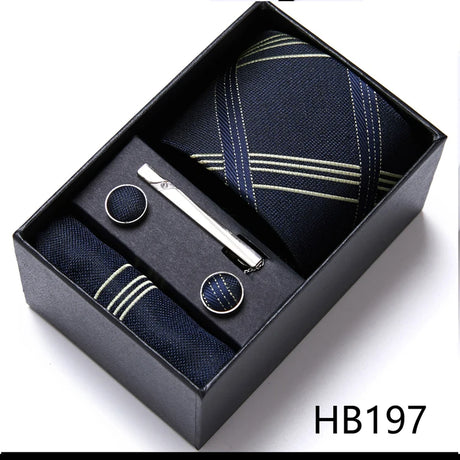 Brand Wholesale Tie Pocket Squares Cufflink Set Necktie Blue Striped Man Wedding Accessories Fit Workplace Holiday Gift Box