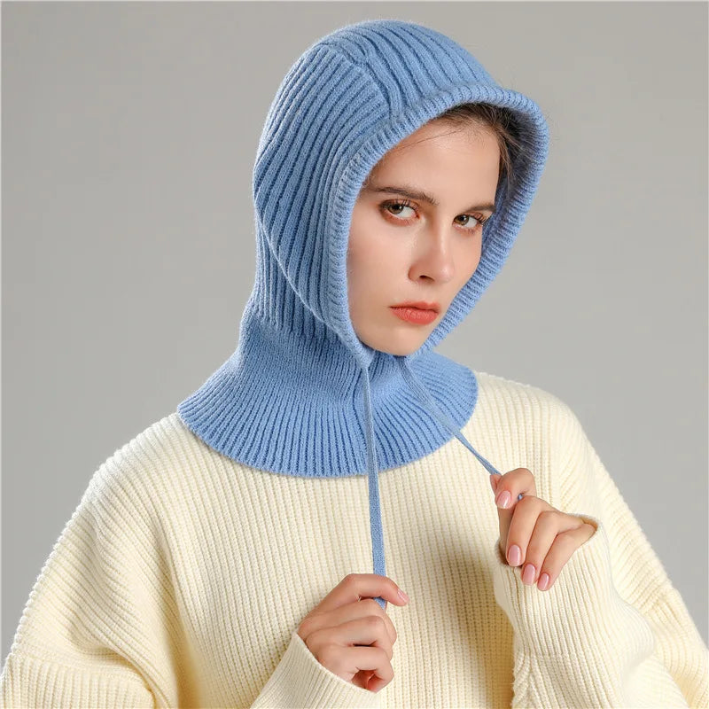 Winter 2-in-1 Scarf Hat Warm Knitted Outdoor Riding Scarf Woolen Balaclava Ear Protection Solid Colour Scarf with Drawstring