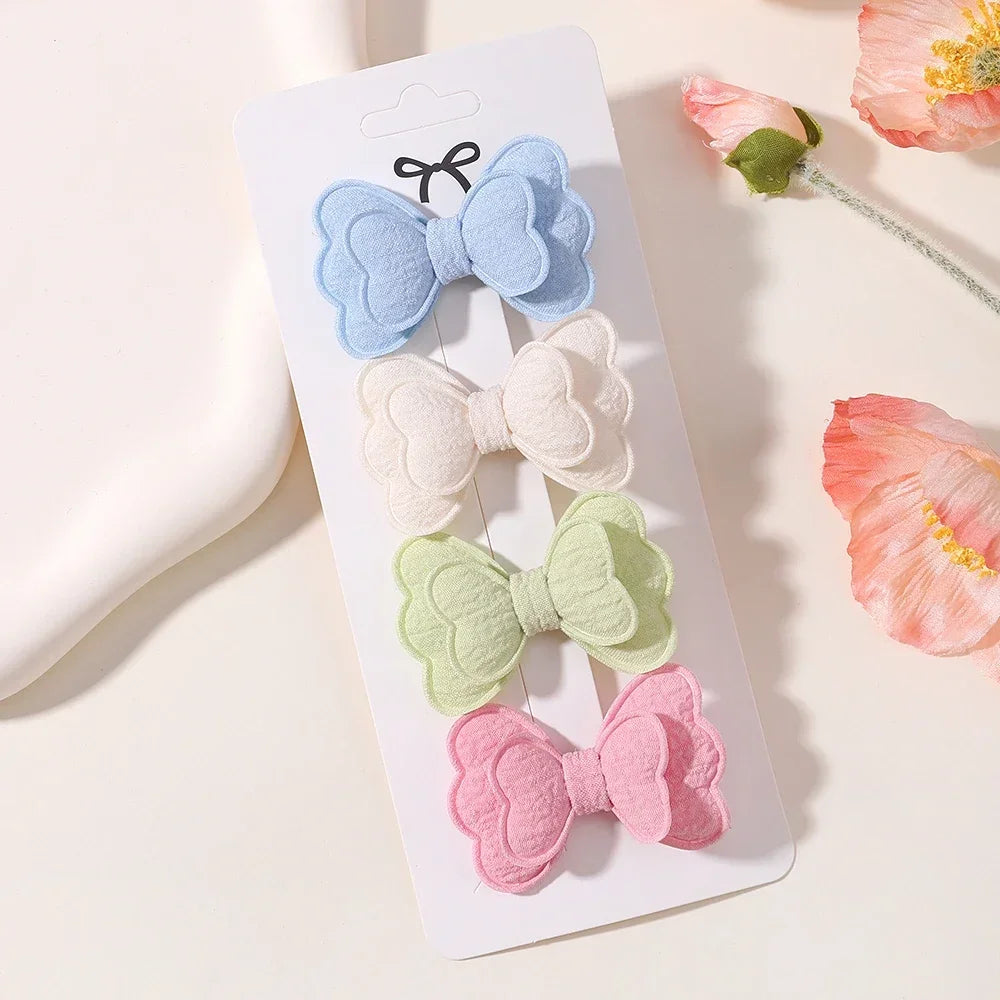 4Pcs/set Candy Colored Hair Clip Set for Girls Double Layered Bow Cute Bangs Hair Pin Cotton Safe Kids Baby Hair Accessories
