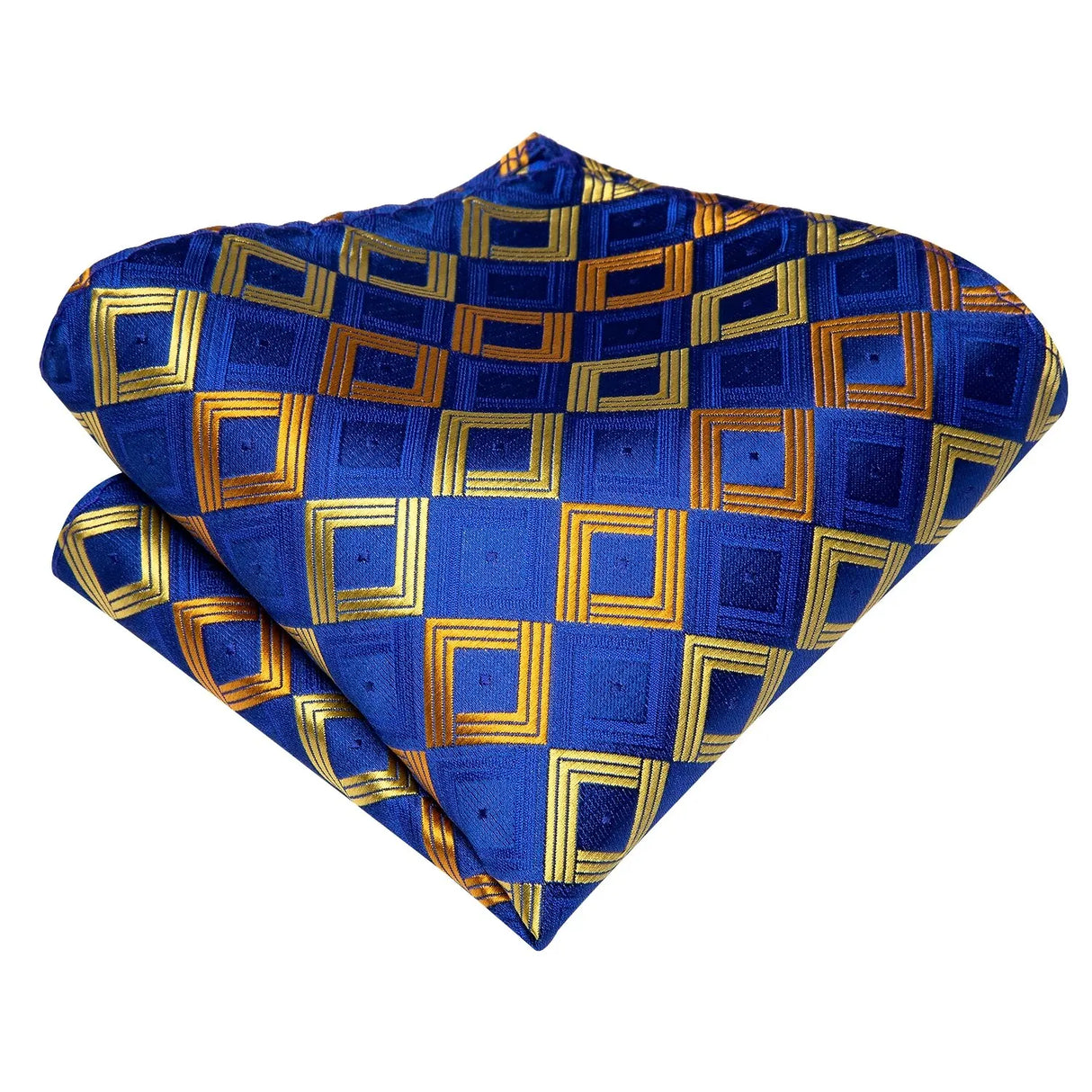 Hi-Tie Royal Blue Golden Fashion Mens Plaids Elegant Tie Set Jacquard Woven Necktie Hanky Cufflinks For Wedding Business Party