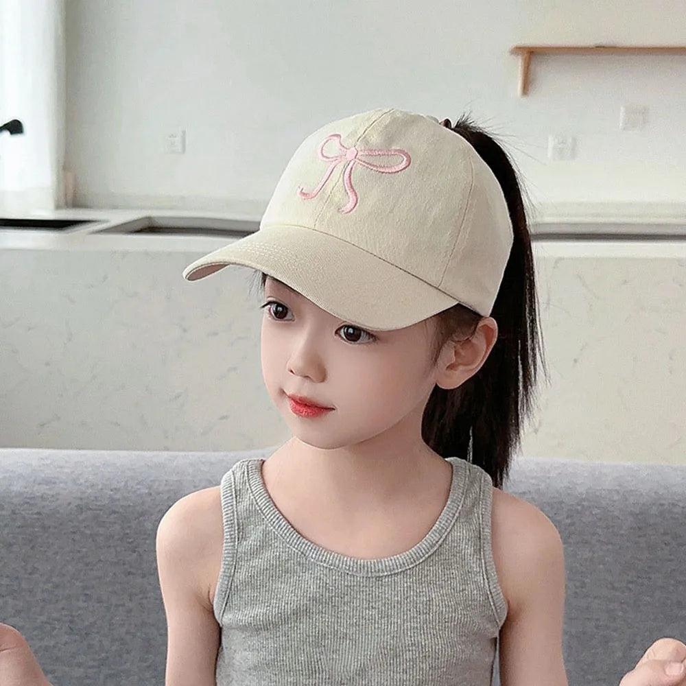 Sweet Bow Baby Girl Baseball Caps Pink White Children Sun Hat High Ponytail Kids Boy Sun Hats Adjustable Outdoor Travel Caps New