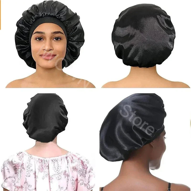 New Women's Satin Solid Wide-brimmed Sleeping Hat Unisex Head Wrap Elastic Band Cap Hair Care Bonnet Night Hat bonnet de nuit