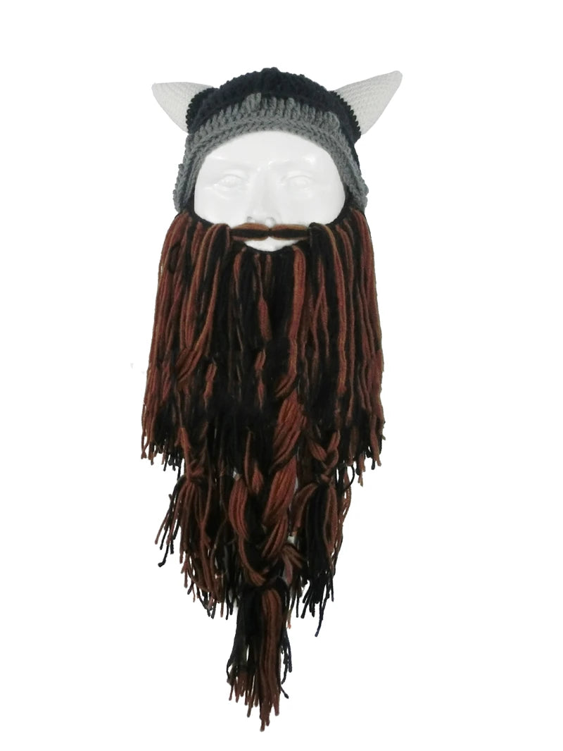 New Wig Beard Hats Viking Beard Beanie Horn Hat Winter Warm Mask Original Handmade Knit Helmet and Removable Beard Halloween Cap