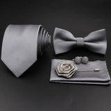 Hot Sale Red Blue Tie Set Polyester Slim Striped Necktie Bowtie Cufflink Brooch For Groom Suit Wedding Cravat Shirt Accessory