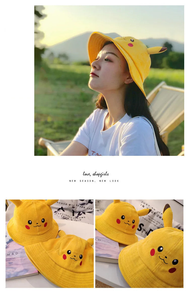 Anime Pika Bucket Hat Sun Hat with Ear Cute Cartoon Wide Brim Fisherman Beach Outdoor Baseball Hat Cap for Adult Kids Child