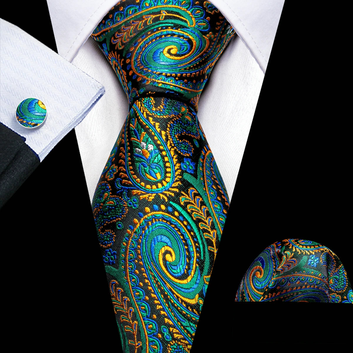 Fashion Luxury Green Silk Tie For Men Casual Formal Wedding Geometric Tie Barry.Wang NeckTies Hanky Cufflinks Set Business Gift