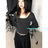 KUSAHIKI Sexy Retro Stripes Korean Versatile Slim Fit Long Sleeved Round Neck Base Shirt Short Spicy Girl Y2k Top 2024 New