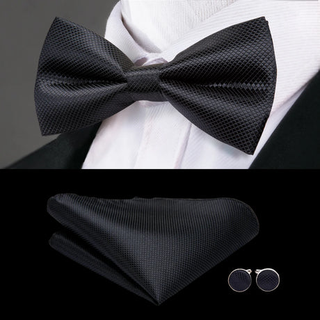 Hi-Tie Black White Silver Grey Brown Silk Mens Bow Tie Hankerchief Cufflinks Set Pre-tied Butterfly Knot Adjustable Bowtie Male