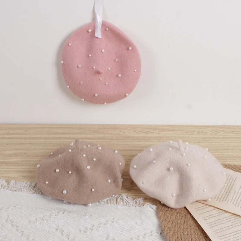 Wool Kids Winter Hat for Girls Retro Baby Beret Hats with Pearls Autumn Winter Kids Cap for Children Accessories 2-6Y