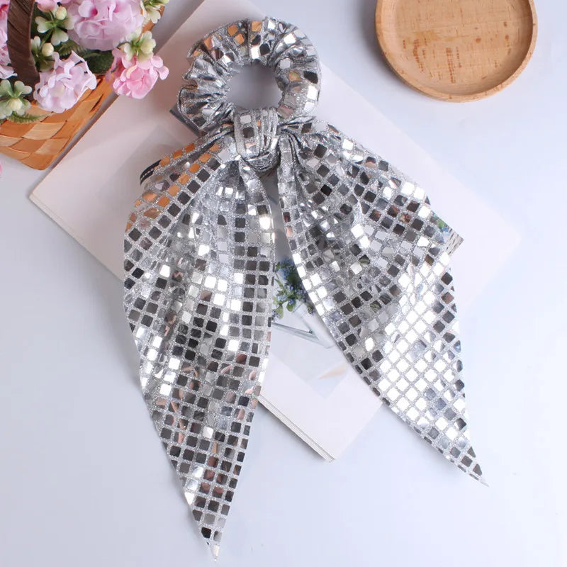 New Disco Party Favors Elastics Glitter Sequin Hair Bands with Bow Elastic Bands Ponytail Tie Hair Scarf Headwear