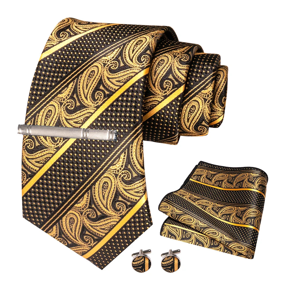 KAMBERFT New Classic Silk Men's Tie Red Gold Striped Men's Tie Handkerchief Cufflinks Set Wedding Business Party Gravatas