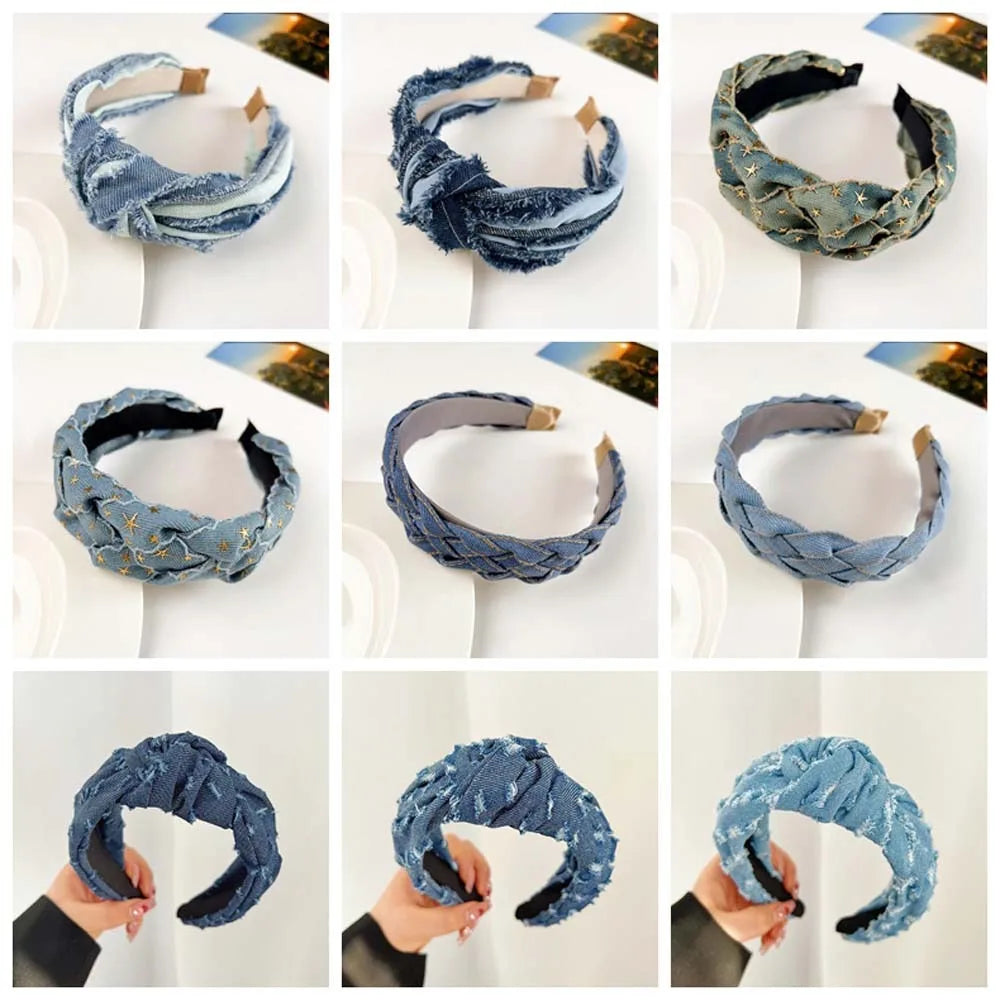 Women Denim Cloth Knotted Headbands Hairbands Headdress INS Fashion Cool Cowboy Wide Head Bands Hair Hoops