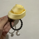 Women Elegant Silk Rose Flower Pearl Elastics Hair Band Beatiful Scrunchies Hair Ties Ladies Ponytail Holder Hair Accessories