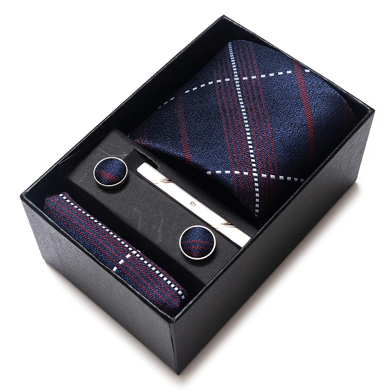 65 Colors Fashion Tie Handkerchief Set Tie Clip Necktie Box Man's Shirt Dark Red  Accessories Men Wedding Holiday  Gift