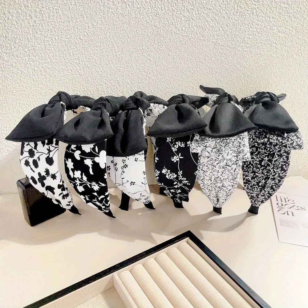 Elegant Floral Black White Hairbands for Women Girls Wide Edge Soft Hair Hoops Big Bowknot Cross Headband Hair Styling Tool Gift