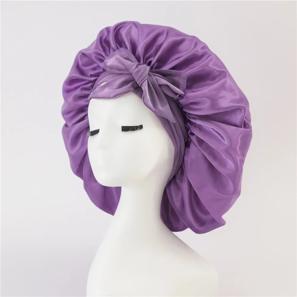 New Satin Sleeping Cap For Women Solid Wide Band Stretch Head Tie Silky Bonnet Edge Wrap Nightcap Hair Care Shower Head Cover