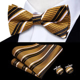 Hi-Tie Striped Black Red Mens Bow Tie Hankerchief Cufflink Pre-tied Silk Butterfly Knot Bowtie for Male Business Party Wholesale