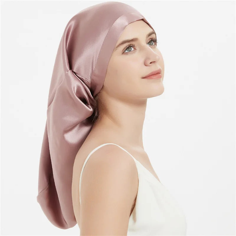 100% Mulberry Silk Sleep Cap for Long & Curly Hair Nightcap with Adjustable Hair Wrap for Woman
